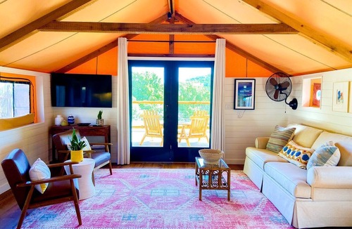 Ingram RV Rental | Beautiful Tented Cabin in Texas for Glamping by Guadalupe River